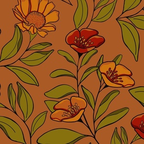 My Winter Garden in Ruby Red, Olive Green and Gold on Burnt Orange Background