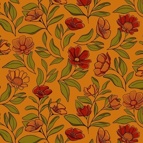 My Winter Garden in Ruby Red, Olive Green and Gold on Light Orange Background