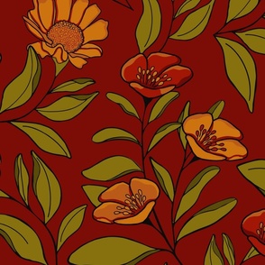 Large Scale Winter Garden in Ruby Red and Olive Green on Magenta Background