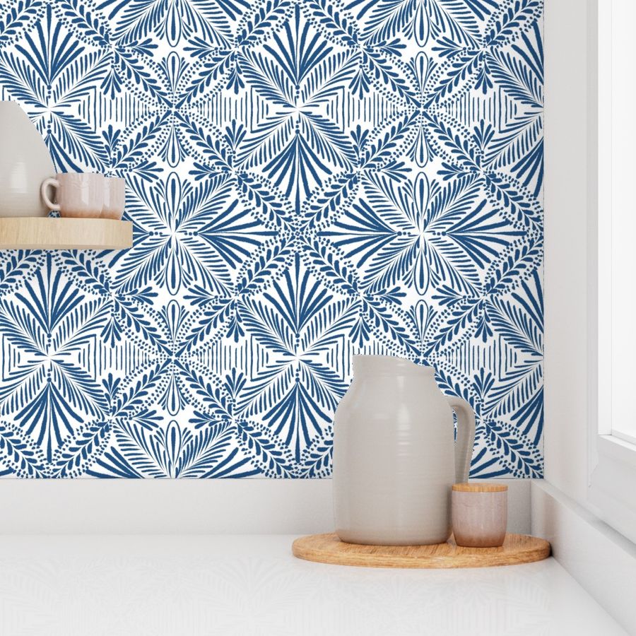 Simple geometric boho pattern in navy blue and white - medium/ large scale O