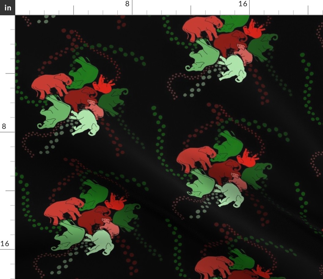 Christmas time for Elephants, red, green, and black.