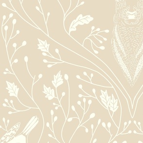 Damask with deer, birds and leaves off white on warm neutral earth tone / beige - large scale