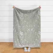 Damask with deer, birds and leaves off white on neutral beige / Khaki - large scale