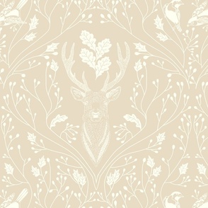 Damask with deer, birds and leaves off white on warm neutral earth tone / beige - medium scale