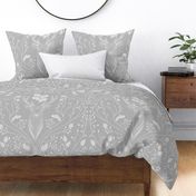 Damask with deer, birds and leaves off white on silver grey - large scale