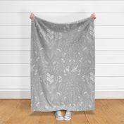 Damask with deer, birds and leaves off white on silver grey - large scale
