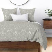 Damask with deer, birds and leaves off white on neutral beige / Khaki - medium scale