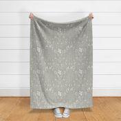 Damask with deer, birds and leaves off white on neutral beige / Khaki - medium scale