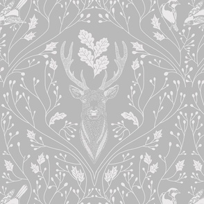 Damask with deer, birds and leaves off white on silver grey - medium scale