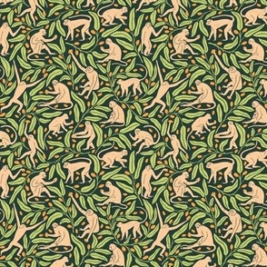 Monkeys and Mangoes in Jungle Green  | Small Version | Bohemian Style Pattern with Green Leaves