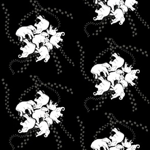 Napping elephants, white on black.