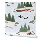 Classic Lake Scenes with Woodland Animals, Loons, Ducks, and a Red Canoe