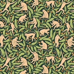 Monkeys and Mangoes in Jungle Green  | Medium Version | Bohemian Style Pattern with Green Leaves