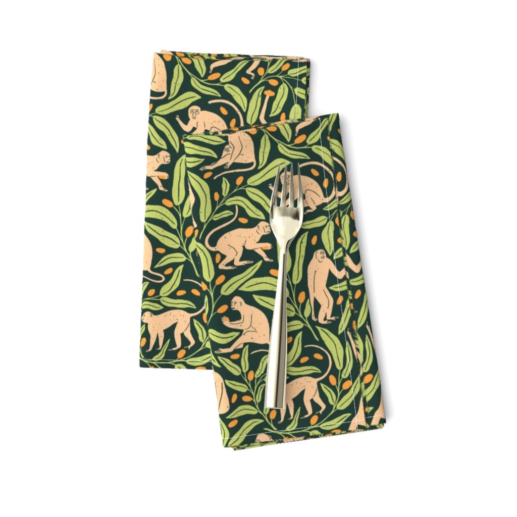 Monkeys and Mangoes in Jungle Green  | Large Version | Bohemian Style Pattern with Green Leaves