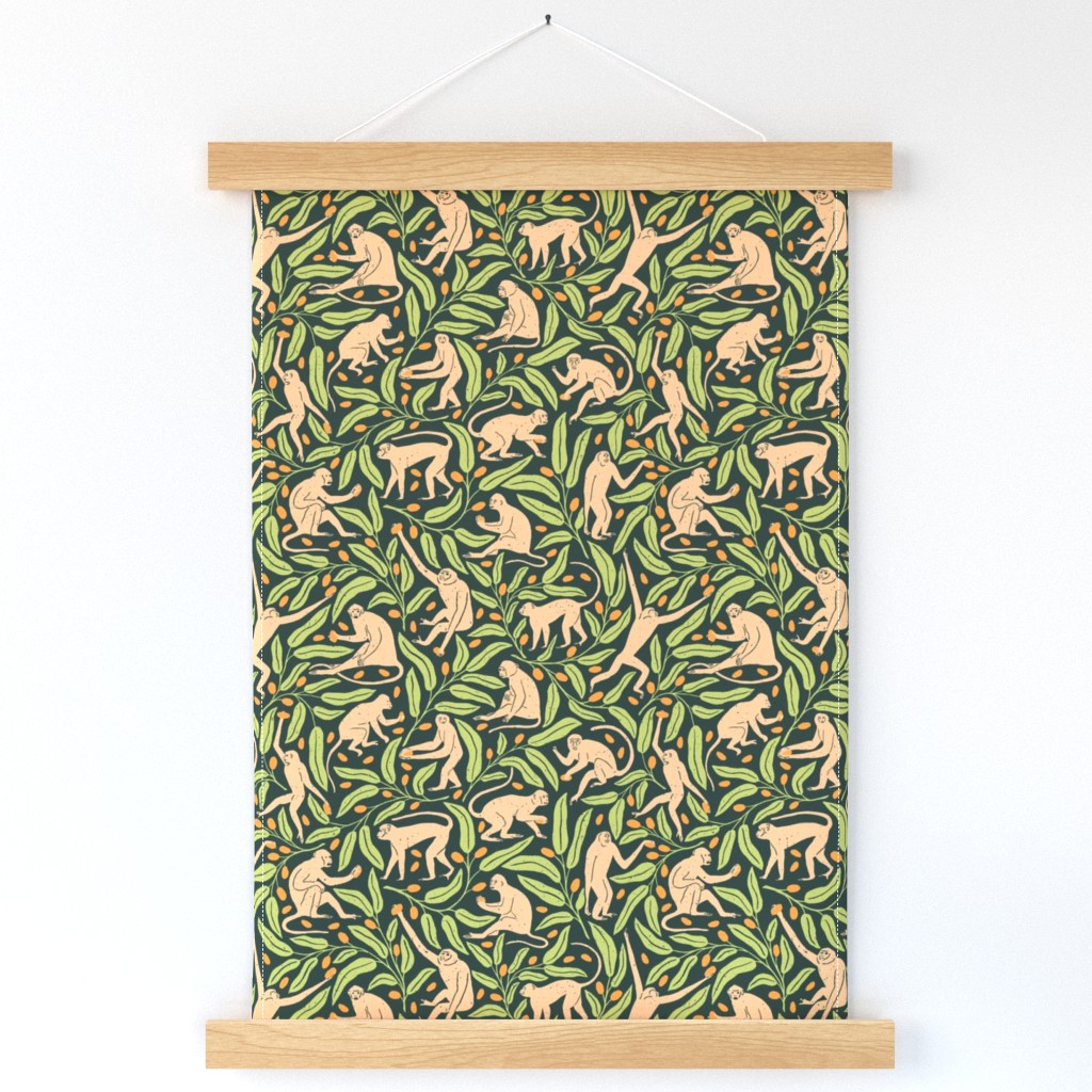 Monkeys and Mangoes in Jungle Green  | Large Version | Bohemian Style Pattern with Green Leaves