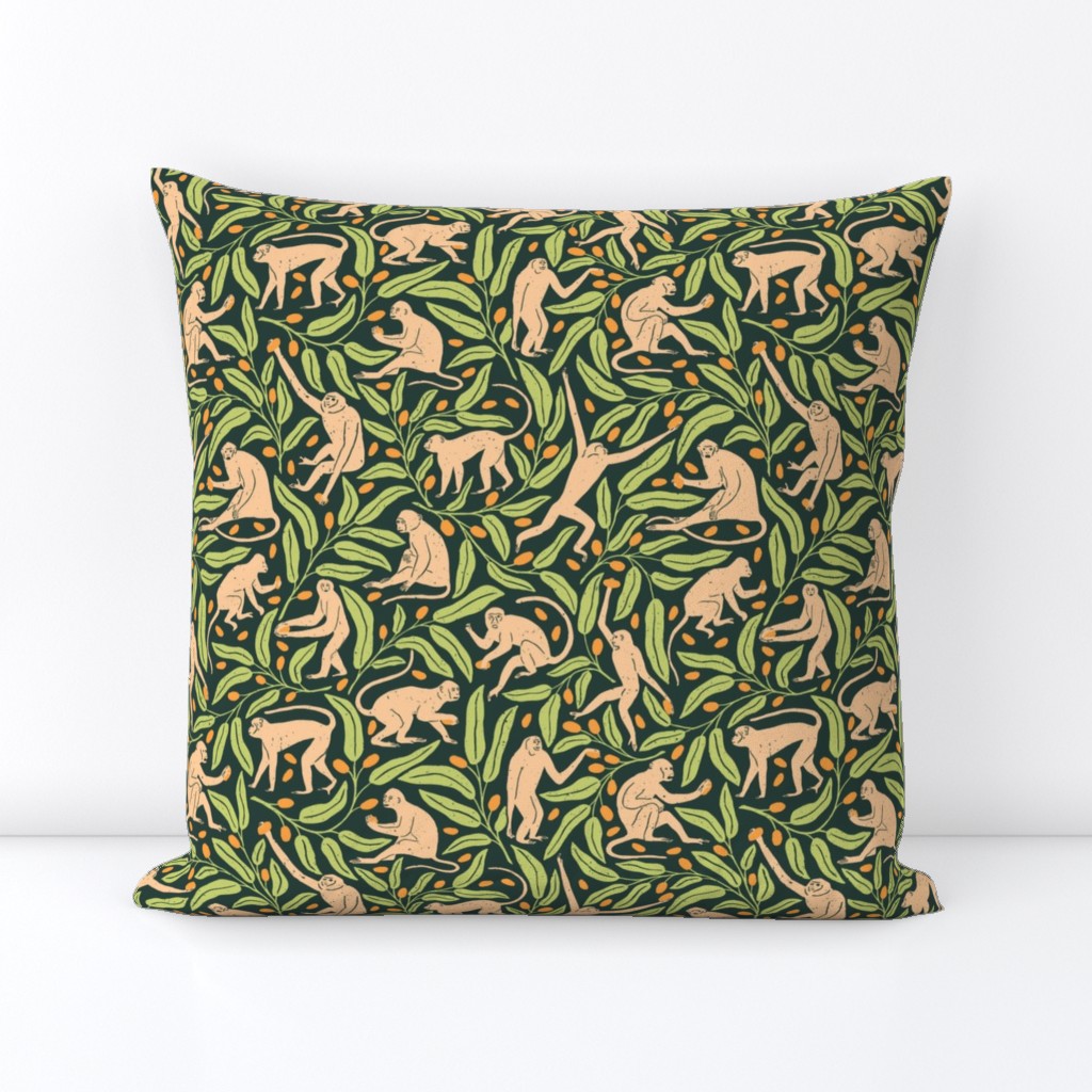 Monkeys and Mangoes in Jungle Green  | Large Version | Bohemian Style Pattern with Green Leaves