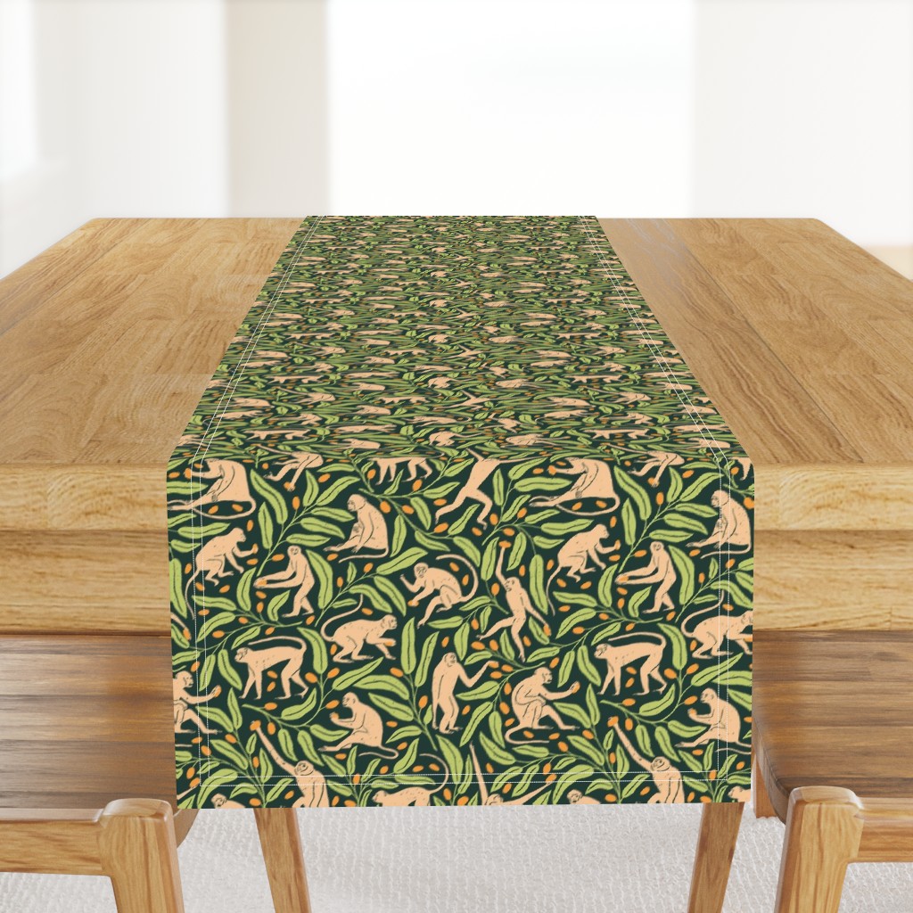 Monkeys and Mangoes in Jungle Green  | Large Version | Bohemian Style Pattern with Green Leaves