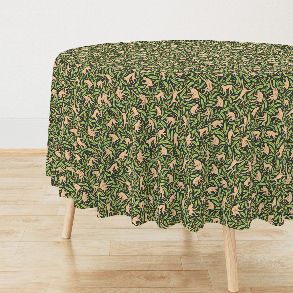 Monkeys and Mangoes in Jungle Green  | Large Version | Bohemian Style Pattern with Green Leaves