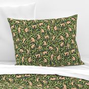 Monkeys and Mangoes in Jungle Green  | Large Version | Bohemian Style Pattern with Green Leaves