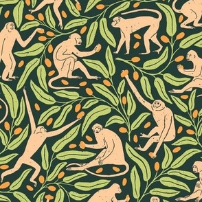 Monkeys and Mangoes in Jungle Green  | Large Version | Bohemian Style Pattern with Green Leaves