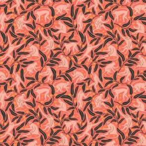 Monkeys and Mangoes in Sunset Red | Small Version | Bohemian Style Pattern with Pink Monkeys and Green Leaves