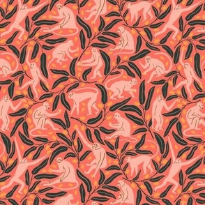 Monkeys and Mangoes in Sunset Red | Medium Version | Bohemian Style Pattern with Pink Monkeys and Green Leaves