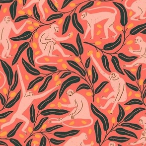 Monkeys and Mangoes in Sunset Red | Large Version | Bohemian Style Pattern with Pink Monkeys and Green Leaves