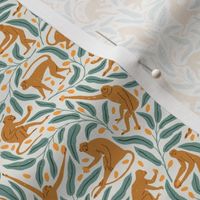 Monkeys and Mangoes | Small Version | Bohemian Style Pattern with Orange Monkeys and Green Leaves