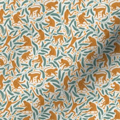 Monkeys and Mangoes | Small Version | Bohemian Style Pattern with Orange Monkeys and Green Leaves
