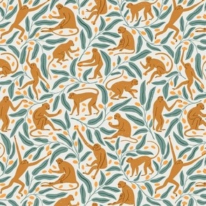 Monkeys and Mangoes | Medium Version | Bohemian Style Pattern with Orange Monkeys and Green Leaves