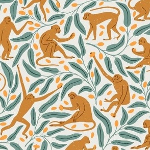 Monkeys and Mangoes | Large Version | Bohemian Style Pattern with Orange Monkeys and Green Leaves