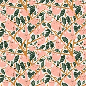 Sloths and Dragonflies in the Jungle Trees  | Small Version | Bohemian Style Pattern with Pink Sloths and Gold Dragonflies