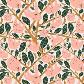 Sloths and Dragonflies in the Jungle Trees  | Medium Version | Bohemian Style Pattern with Pink Sloths and Gold Dragonflies