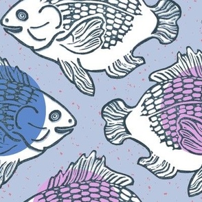 Large sunfish block print in multicolor on cool blue-grey