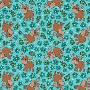 Small Scale Moose and Turquoise Daisy Flowers on Blue