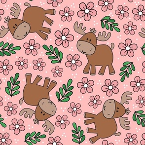 Large Scale Moose and Daisy Flowers on Pink