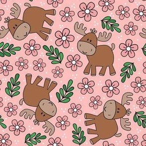 Medium Scale Moose and Daisy Flowers on Pink