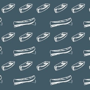 SMALL Canoes and Rowboats on lake. Boat line drawing in dark blue gray and white