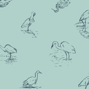 SMALL Egret and Heron - lake birds wading in water and fishing. Line drawing in teal and blue