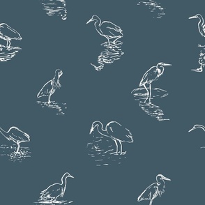 LARGE Egret and Heron - lake birds wading in water and fishing. Line drawing in dark blue and white