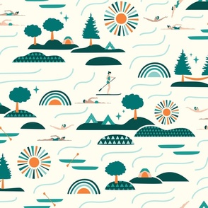A Day at the Lake with watersports and camping in orange and green tones. // Med