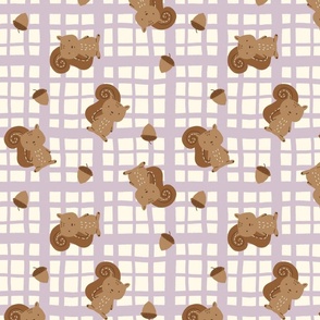 Hand Drawn Plaid Squirrels And Acorns in Brown, Cream, Purple - Large Scale
