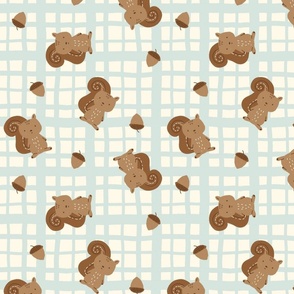 Hand Drawn Plaid Squirrels And Acorns in Brown, Cream, Green - Large Scale