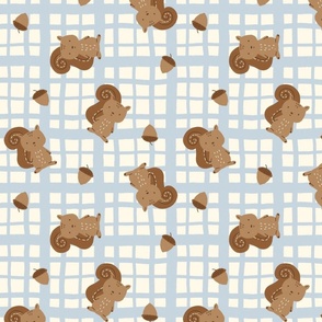 Hand Drawn Plaid Squirrels And Acorns in Brown, Cream, Blue - Large Scale