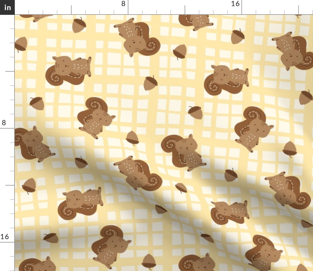 Hand Drawn Plaid Squirrels And Acorns in Brown, Cream, Yellow - Large Scale
