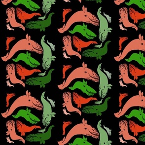 Red, green, and orange whales on black.