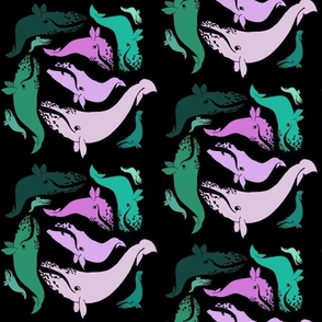 Pink and teal whales on black.