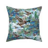 Lakeside Living Home Decor, Emerald Green Blue Flying Birds Migrating, Cozy Cabin Mallard Ducks Migration Scene, Freshwater Bulrush Cattails Riverbed