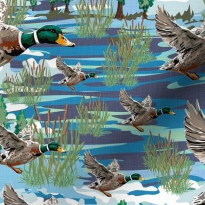 Lakeside Living Home Decor, Emerald Green Blue Flying Birds Migrating, Cozy Cabin Mallard Ducks Migration Scene, Freshwater Bulrush Cattails Riverbed