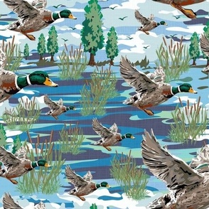 Lakeside Living Home Decor, Emerald Green Blue Flying Birds Migrating, Cozy Cabin Mallard Ducks Migration Scene, Freshwater Bulrush Cattails Riverbed